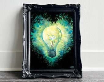 Glow by Tatyana • Watercolor & ink painting • Glowing green light bulb with heart shape light • Fine Art Print 8x10 11x14 16x20