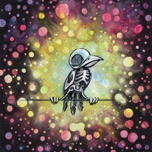 Empowered by Tatyana Watercolor & ink painting Skeleton bird on a wire Fine Art Print 8x10 11x14 16x20 image 2