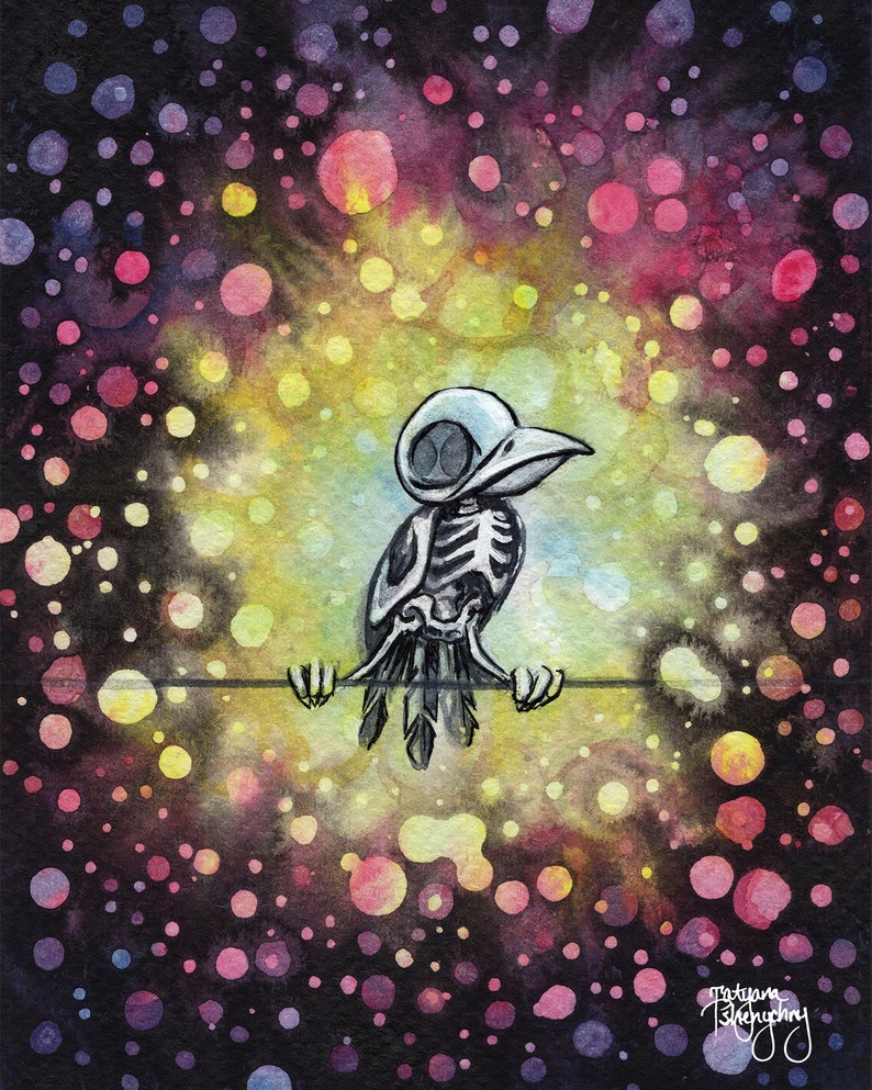 Empowered by Tatyana Watercolor & ink painting Skeleton bird on a wire Fine Art Print 8x10 11x14 16x20 image 2