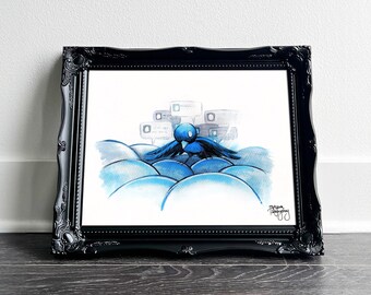 Ouderlijk toezicht door Tatyana • Aquarel & inktschildering • Twitter Bluebird over eieren met tweets • Fine Art Print 8x10 11x14 16x20 24x36