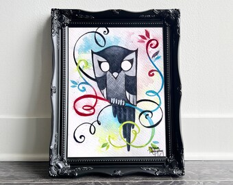 Spaced Owl by Tatyana • Watercolor & ink painting • Gray and black owl with colorful decorative flourishes • Fine Art Print 8x10 11x14 16x20