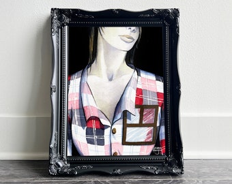 Home by Tatyana • Aquarel en inktschildering • Vrouw in een geruit overhemd met een venster als zak • Fine Art Print 8x10 11x14 16x20