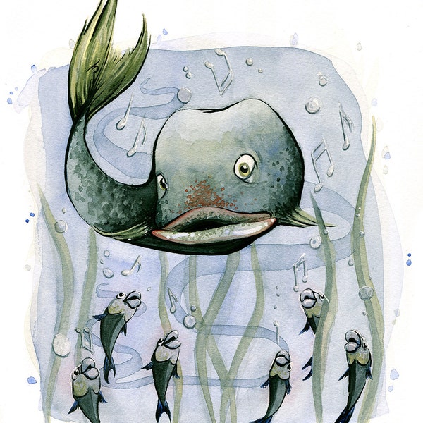Musical Fish Fine Art Print 8x10 11x14 16x20 "Aquapella" Fish singing underwater with music note bubbles Funny surreal wall art print decor