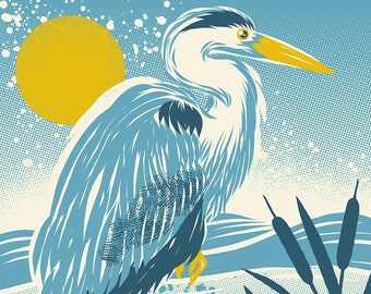 Blue Heron - Screenprinted Art Print