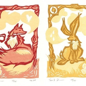 The Fox and The Hare - Letterpress Reduction Art Print Set