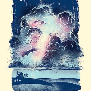 May include: A digital illustration of a stormy sky with lightning bolts and a small house in the distance. The sky is a dark blue with shades of pink and white clouds. The house is a simple silhouette with a small tree in front of it.