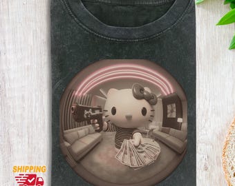 Kitty Cat Comfort Colors T-shirt, schattige roze kat T-shirt voor mannen vrouwen, cartoon T-shirt, leuk T-shirt, vakantiecadeau