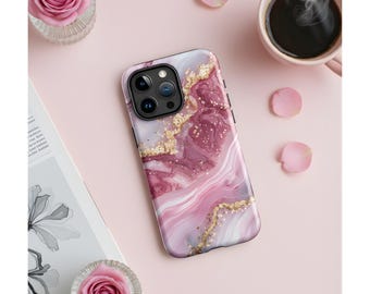 Rose Gold Marble iPhone 17 16 15 14 Pro Max Case, Elegant Pink Agate Glitter Phone Cover, Tough Durable Shockproof Slim Fit Aesthetic