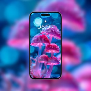 May include: A smartphone displaying a digital clock with the time 06:09 and the date Sunday, June 09. The background image is a close-up of pink mushrooms with water droplets.