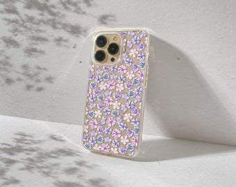 Handgezeichnete violette Blumen iPhone Hülle für iPhone 17, 16, 15, 14, 13 Pro Max Plus Mini Purple Flower Ästhetische schützende transparente Abdeckung