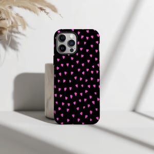Pink Hearts on Black iPhone Case Minimalist Cute Love Heart Phone Cover Stylish Protective Case for iPhone 15, 14, 13, 12, Pro, Plus