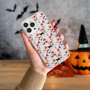Cute Halloween Vibes iPhone Case Ghost Pumpkin Skeleton Black Cat Pattern Phone Case for iPhone 16 15 14 13 12 Clear MagSafe iPhone Case