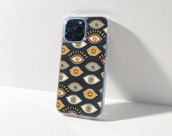 Retro Evil Eye Clear iPhone Case for iPhone 17, 16, 15, 14, 13 Pro Max Plus Mini Boho Aesthetic Mystical Protective Transparent Cover