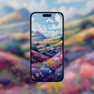 May include: A phone screen displaying a colorful landscape with a field of flowers and a blue sky with white clouds. The time is 06:09 and the date is Sunday, June 09.