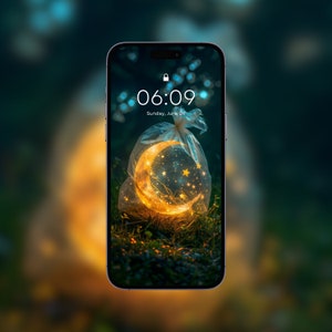 Könnte beinhalten: Ein Smartphone zeigt einen Sperrbildschirm mit der Uhrzeit 06:09 und dem Datum Sonntag, 09. Juni. Das Hintergrundbild ist ein leuchtender Halbmond in einem durchsichtigen Plastikbeutel.