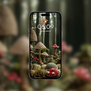 May include: A phone screen displaying a digital clock with the time 06:09 and the date Sunday, June 09. The background image is a close-up of a collection of crocheted mushrooms in various sizes and colors.