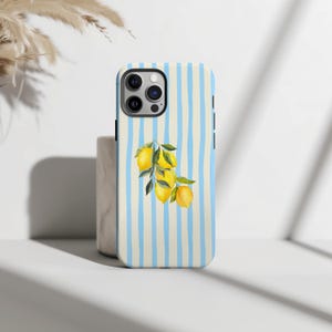 Lemon Blue Stripe Tough iPhone Case Schutzhülle mit blauen Streifen & Gelbe Zitronen - Cute Summer Fruit Phone Case iPhone 16 15 14
