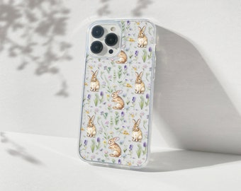 Woodland Rabbit iPhone Clear Case for iPhone 17, 16, 15, 14, 13 Pro Max Plus Cottagecore Wildflower Animal Whimsical Aesthetic Phone Cover
