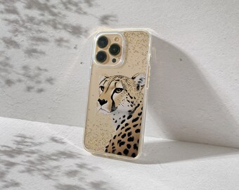 Gold Leopard iPhone Case for iPhone 17, 16, 15, 14, 13 Pro Max Plus Mini Cheetah Glam Sparkle Aesthetic Animal Print Protective Phone Cover