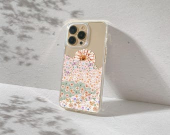 Floral Patchwork Clear iPhone Case for iPhone 17, 16, 15, 14, 13 Pro Max Plus Mini Cottagecore Hill Landscape Aesthetic Transparent Cover