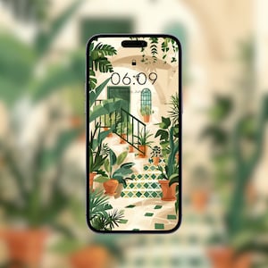 May include: A phone screen displaying a digital clock with the time 06:09 and the date Sunday, June 19. The background image is a courtyard with a staircase and lush greenery.