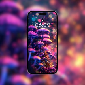 Puede incluir: Un teléfono inteligente que muestra una pantalla de bloqueo con un fondo morado y rosa con un grupo de hongos brillantes. La hora es 06:09 y la fecha es domingo 22 de junio.