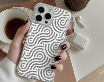 Geometrisch curvy helder iPhone-hoesje voor iPhone 17, 16, 15, 14, 13 Pro Max Plus Mini modern abstract esthetisch transparant beschermhoes
