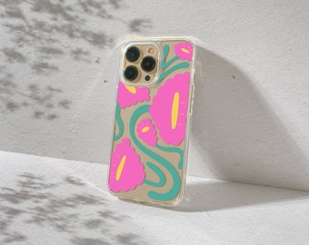 Pink Groovy Flower Clear iPhone Case for iPhone 17, 16, 15, 14, 13 Pro Max Plus Mini Abstract Funky Aesthetic Protective Transparent Cover