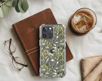 Elegante Olivenzweig iPhone Hülle für iPhone 17, 16, 15, 14, 13 Pro Max Plus schicke grüne botanische ästhetische schützende transparente Abdeckung