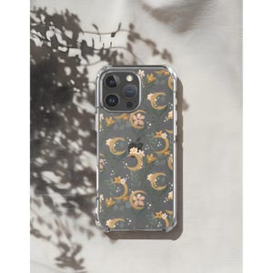 ボヘミアン風三日月柄iPhoneケース（iPhone 17、16、15、14、13 Pro Max Plus対応）花柄天体コテージコア柄の美しい透明iPhoneカバー