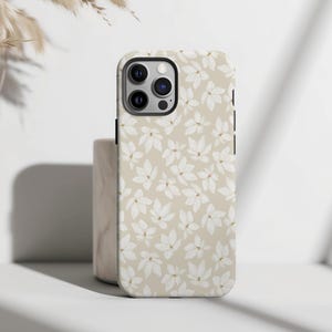 Elegant White Blossoms Phone Case, Neutral Floral Design for iPhone 11, 12, 13, 14, 15 Pro Max Mini Minimal Aesthetic Cover for iPhone 16