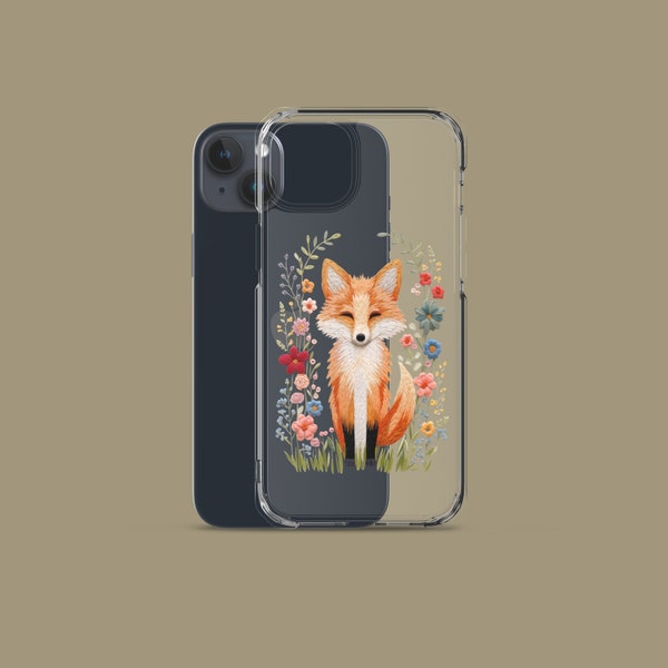 Adorable & Charming Fox Embroidery Look Phone Case for iPhone 11, 12, 13, 14, 15 Pro Max 12 Mini XR 7 8 SE | Clear Phone Case