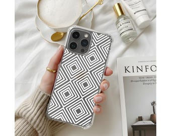 Custodia trasparente per iPhone con motivo geometrico a diamante per iPhone 17, 16, 15, 14, 13 Pro Max Plus Mini, custodia protettiva trasparente moderna ed estetica minimalista