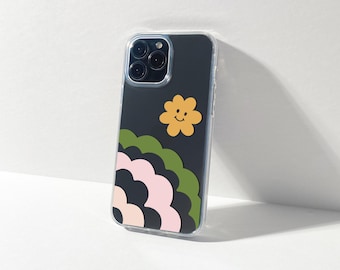 Cute Smiling Flower iPhone Case for iPhone 17, 16, 15, 14, 13 Pro Max Plus Mini Groovy Retro Aesthetic Trendy Protective Phone Cover