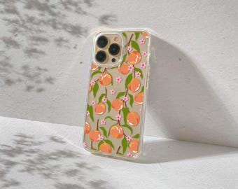 Cute Peach Pattern Clear iPhone Case for iPhone 17, 16, 15, 14, 13 Pro Max Plus Mini Cottagecore Summer Fruit Aesthetic Protective Cover