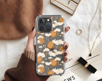 Vintage Sun Moon iPhone Transparent Skal till iPhone 17, 16, 15, 14, 13 Pro Max Plus Celestial Retro Groovy Estetiskt Boho Skyddande Telefonskal
