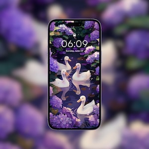 May include: A phone screen showing a digital clock displaying the time 06:09 and the date Sunday, June 09. The background features a purple and white floral pattern with four white ducks swimming in a pond.