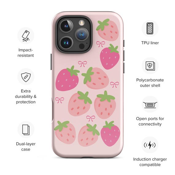 ストロベリーiPhoneケース：かわいいピンクのフルーツデザイン、二重層