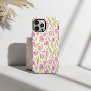 Spring Pink Tulip Floral iPhone Case Aesthetic Spring Blossom Phone Cover for iPhone 16 15 14 13 Cute Girly Phone Case for iPhone 16 Pro