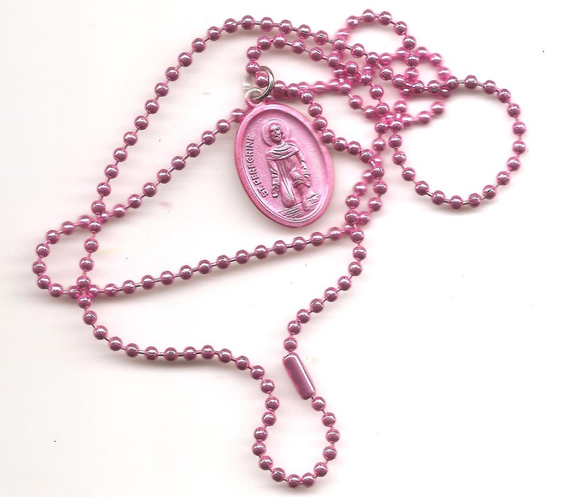 Cancer, St. Peregrine Patron Saint Necklace on Pink Ball Chain image 3