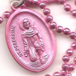 Cancer, St. Peregrine Patron Saint Necklace on Pink Ball Chain image 1