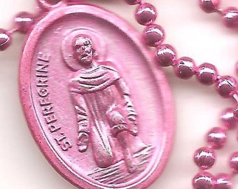 Cancer, St. Peregrine Patron Saint Necklace on Pink Ball Chain