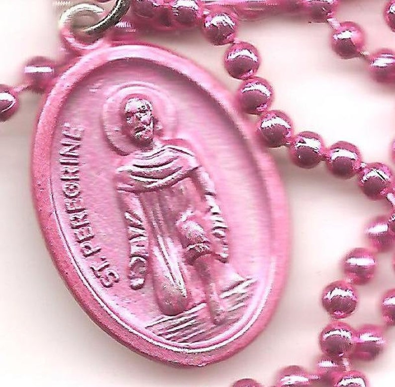 Cancer, St. Peregrine Patron Saint Necklace on Pink Ball Chain image 1