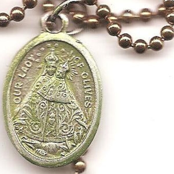 Mothers to Be and Lightening, Our lady of Olives Patron Saint Necklace on Copper Colored Ball Chain