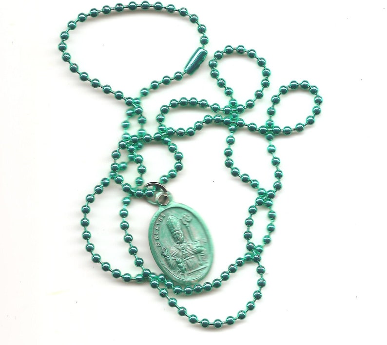 Sore Throats and the Scarves that Cover Them, St. Blaise Patron Saint Medal On Green Ball Chain image 3