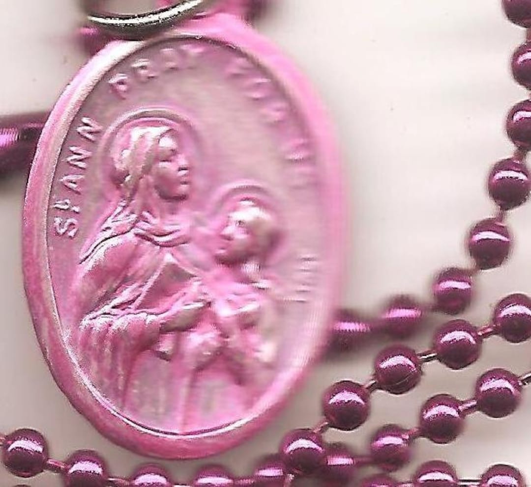Seamstresses and Grandma's, Pink St Ann Patron Saint Medal on Raspberry
