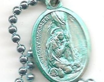 Naughty Girls,  St Mary Magdelene Patron Saint Medal on Sky Blue Ball Chain