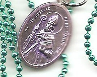 Party Animals and Beer, St. Augustine Patron Saint Necklace with Medal on Fine Teal Ball Chain