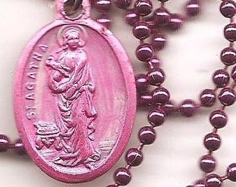 Great Breasts, St. Agatha Patron Saint Medal on Dark  Pink Ball Chain