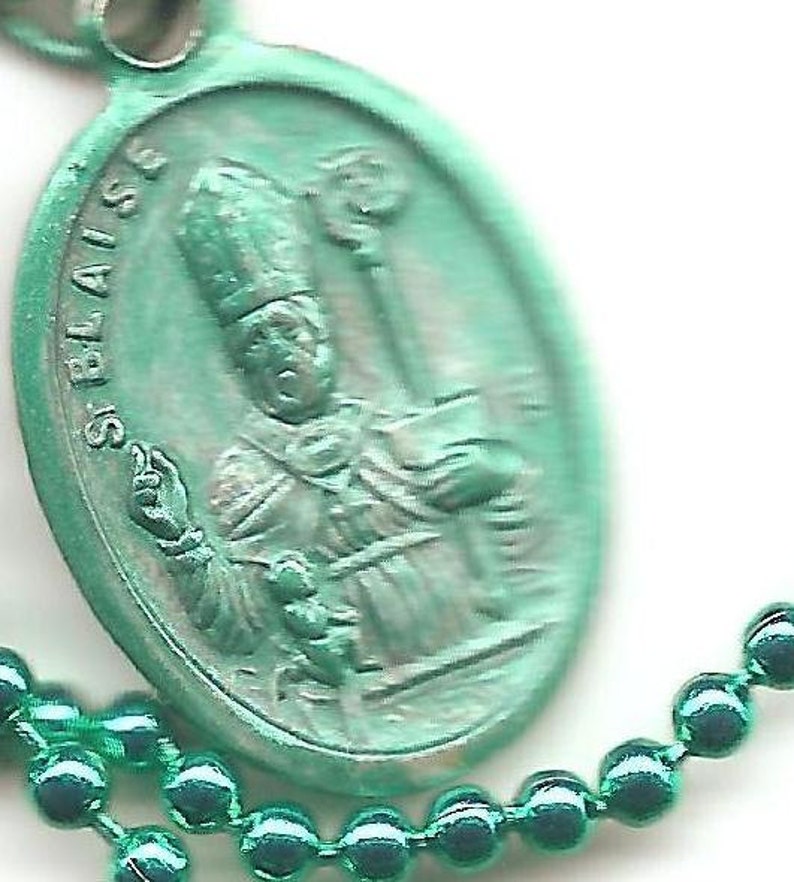 Sore Throats and the Scarves that Cover Them, St. Blaise Patron Saint Medal On Green Ball Chain image 1